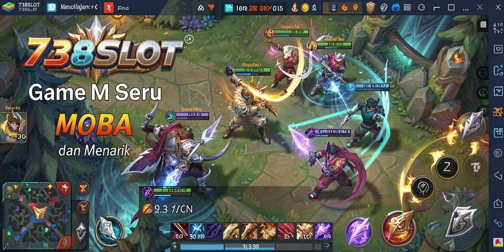Screenshot gameplay MOBA 738SLOT yang menampilkan karakter bertarung.