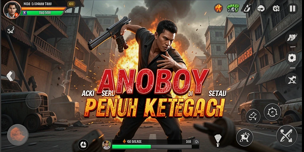 Screenshot permainan ANOBOY menunjukkan aksi intens dan grafis yang menakjubkan.
