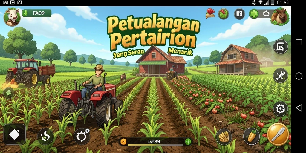 Screenshot menampilkan gameplay menarik dari FA99, dengan aktivitas pertanian yang beragam.
