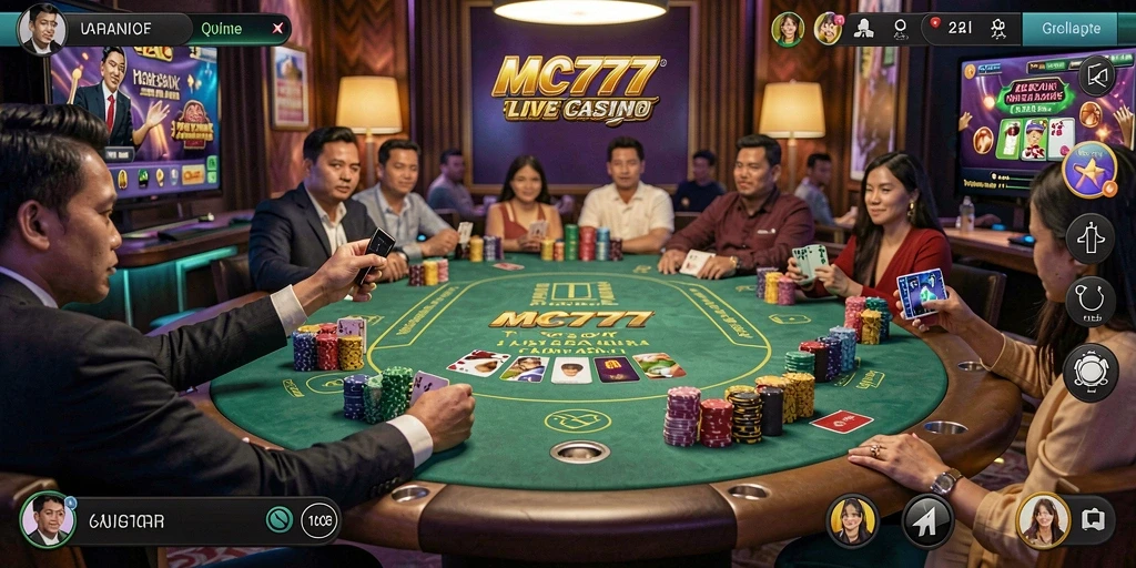 Screenshot MC777 menampilkan dealer langsung dan permainan kasino yang mendebarkan.