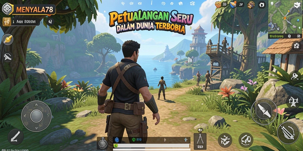 Screenshot menunjukkan pemain menjelajahi dunia terbuka yang menakjubkan.