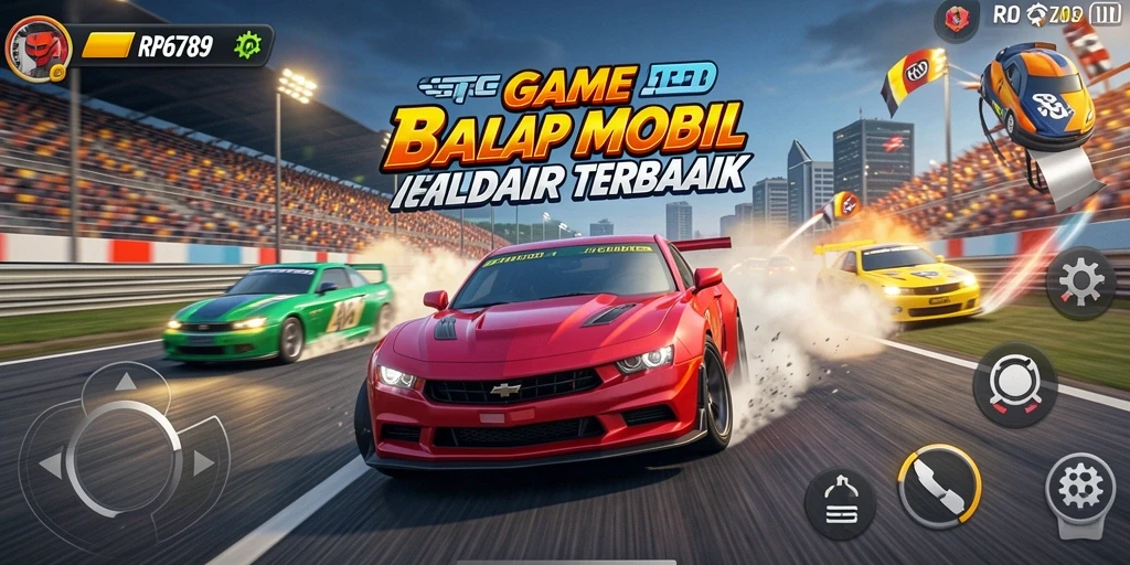 Screenshot gameplay RP6789 menampilkan balapan yang mendebarkan dengan mobil cepat.
