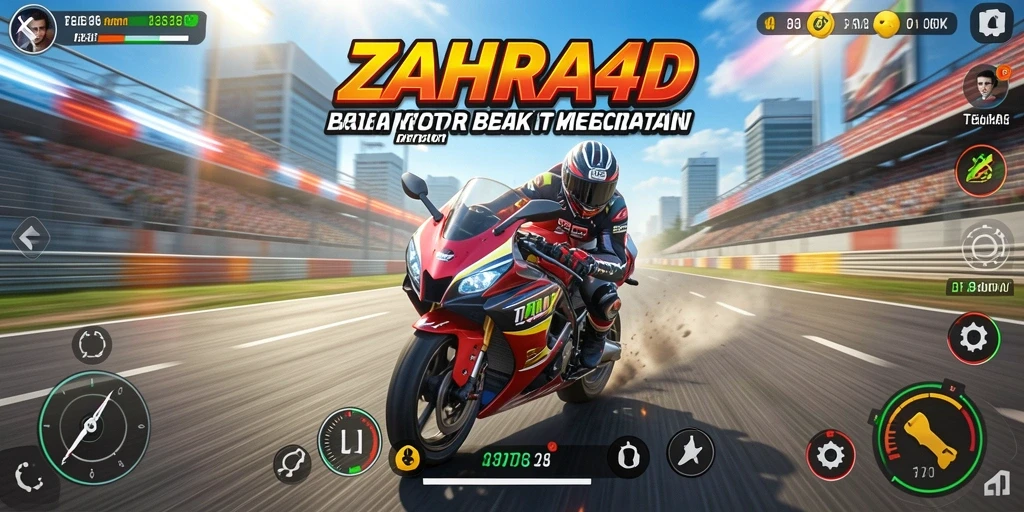 Screenshot utama ZAHRA4D menampilkan aksi balapan motor yang seru dan menegangkan.