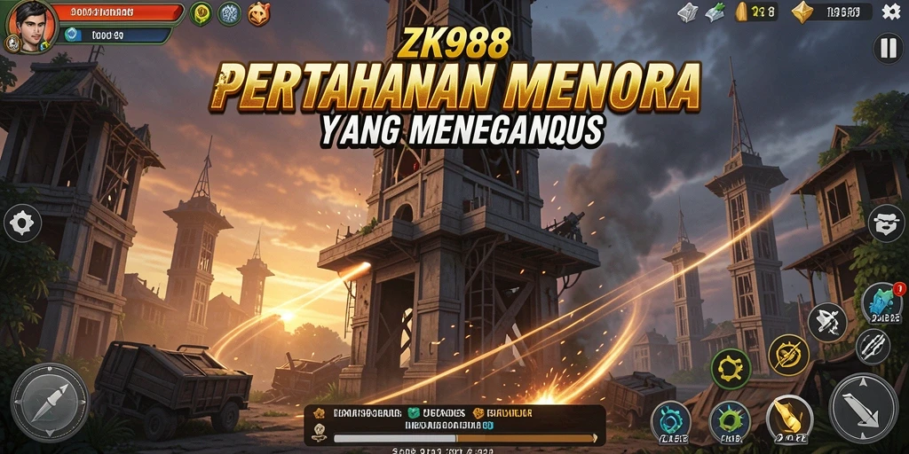 Screenshot ZK988 menampilkan aksi pertahanan menara yang intens.